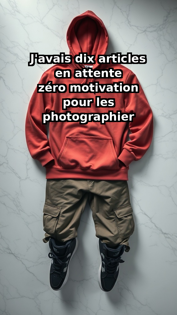 Clothing product photo before — red hoodie flat lay