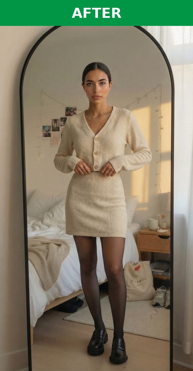 AFTER: AI model wearing the ombre pleated open abaya styled with heels and elegant accessories